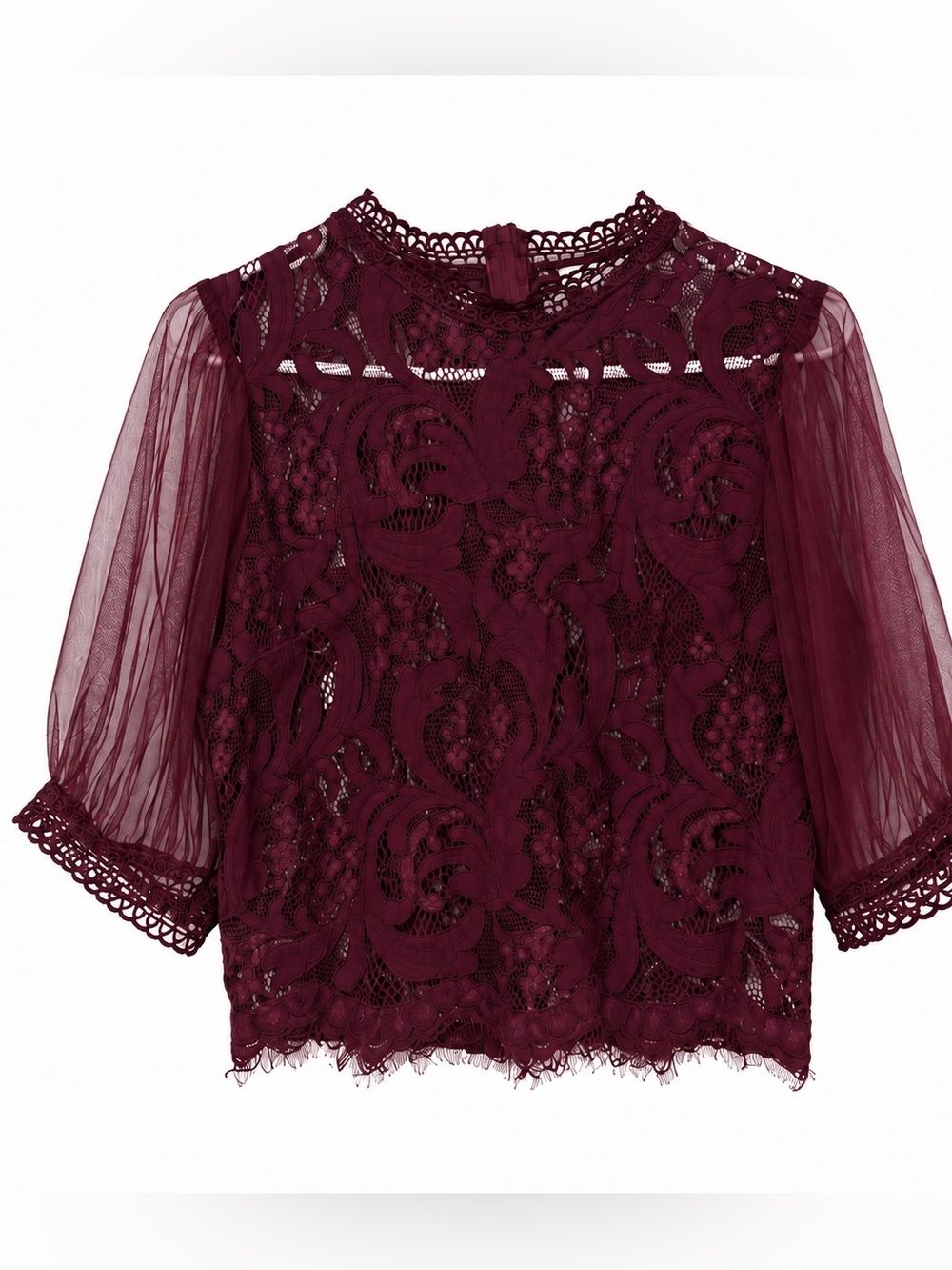 Peach Lace Top Size M Burgundy Crochet Mesh Sleeve Blouse Back Zipper